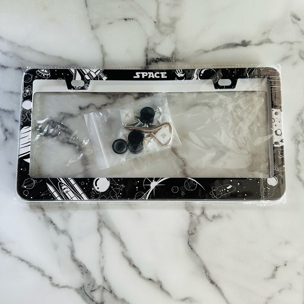 2pcs Space License Plate Frame Black Universe Galaxy Star Moon Planets